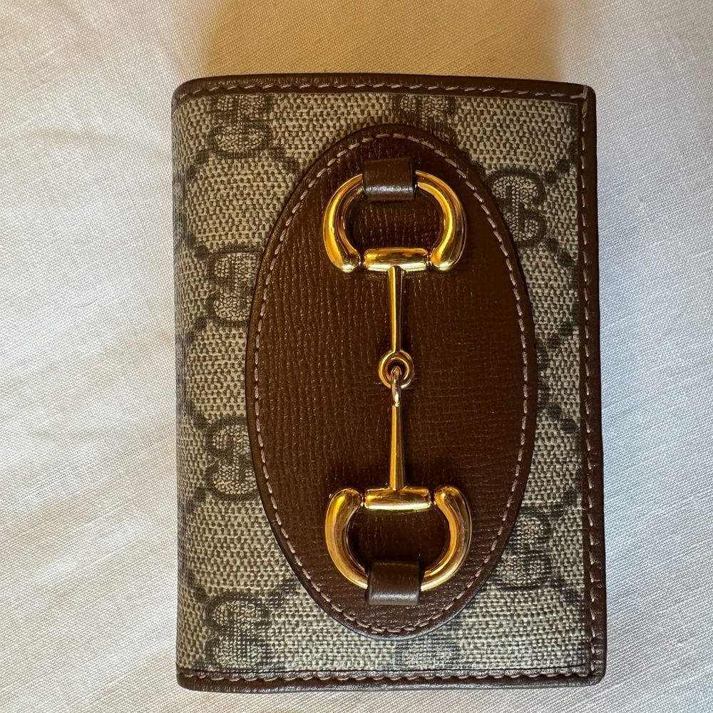 Gucci Brown and Beige Monogram Key & Card Holder with Gold Hardware